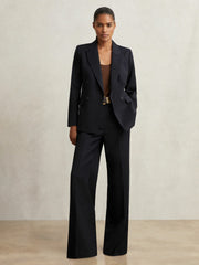 Women Petite Wool Blend Double Breasted Suit Blazer in Navy