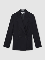 Women Petite Wool Blend Double Breasted Suit Blazer in Navy