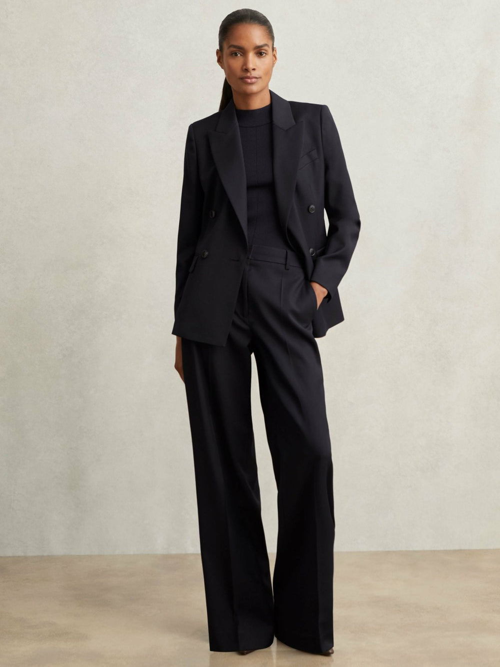 Women Petite Wool-Blend Wide-Leg Suit Trousers in Navy