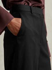Women Petite Wool-Blend Wide-Leg Suit Trousers in Black