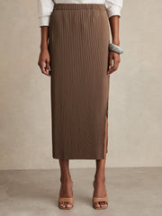 Women Pleated Jersey Midi Skirt in Chocolate