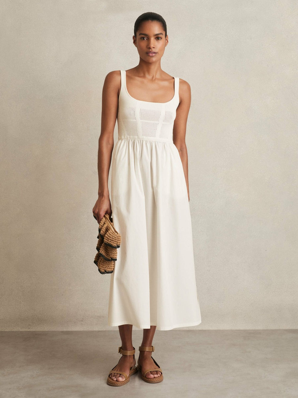 Women Perforated-Knit Cotton-Skirt Midi Dress in Ivory