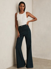 Women Petite Patch-Pocket Flared Jeans in Dark Blue