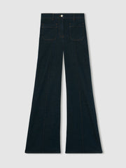 Women Petite Patch-Pocket Flared Jeans in Dark Blue