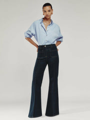Women Petite Patch-Pocket Flared Jeans in Dark Blue