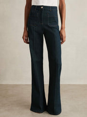 Women Petite Patch-Pocket Flared Jeans in Dark Blue