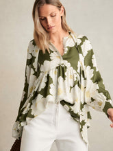 Women Floral Tie-Neck Swing Blouse in Ivory/Green