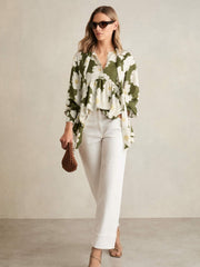 Women Floral Tie-Neck Swing Blouse in Ivory/Green