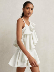Women Cotton Tiered Ruffle Mini Dress in Ivory