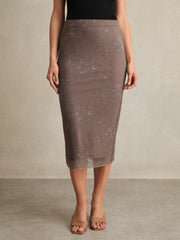Women Lace Pencil Skirt in Taupe Brown