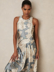 Women Satin Floral Drape Midi Dress in Blue