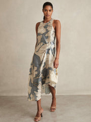 Women Satin Floral Drape Midi Dress in Blue