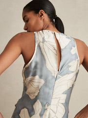 Women Satin Floral Drape Midi Dress in Blue