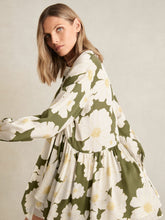 Women Floral Tie-Neck Swing Dress in Ivory/Green