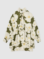 Women Floral Tie-Neck Swing Dress in Ivory/Green