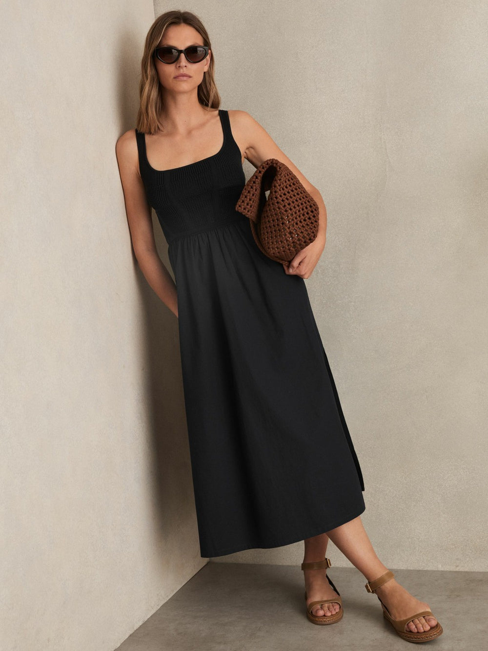Women Perforated-Knit Cotton-Skirt Midi Dress in Navy