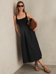 Women Perforated-Knit Cotton-Skirt Midi Dress in Navy