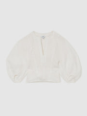 Women Linen Balloon-Sleeve Top in Ivory