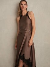 Women Satin Drape Lace-Trim Dress in Mocha Brown
