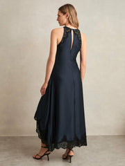Women Satin Drape Lace-Trim Dress in Navy
