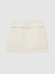 Women Bouclé Belted Mini Skirt With Wool and Cotton in White