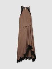Women Petite Satin Drape Lace-Trim Dress in Mocha Brown