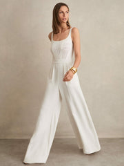 Women Perforated-Knit Wide-Leg Jumpsuit in Ivory