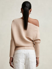 Women Asymmetric Draped Knitted Jumper in Oatmeal Neutral