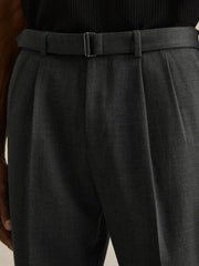 Men Wool-Blend Belted Pleated Trousers Regular-Fit in Charcoal Grey