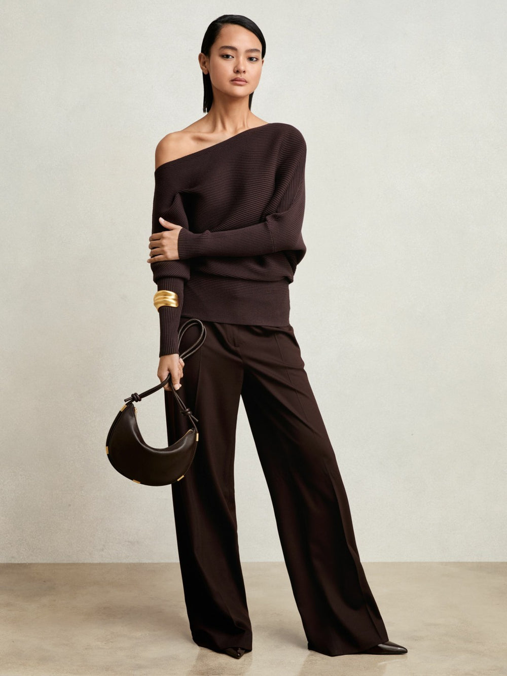 Women Asymmetric Draped Knitted Jumper in Plum