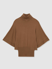 Women Merino Wool Batwing Roll-Neck Jumper in Tan