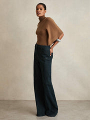 Women Merino Wool Batwing Roll-Neck Jumper in Tan