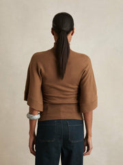 Women Merino Wool Batwing Roll-Neck Jumper in Tan