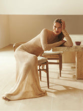 Women Lace-Knit Ruched Maxi Dress in Gold