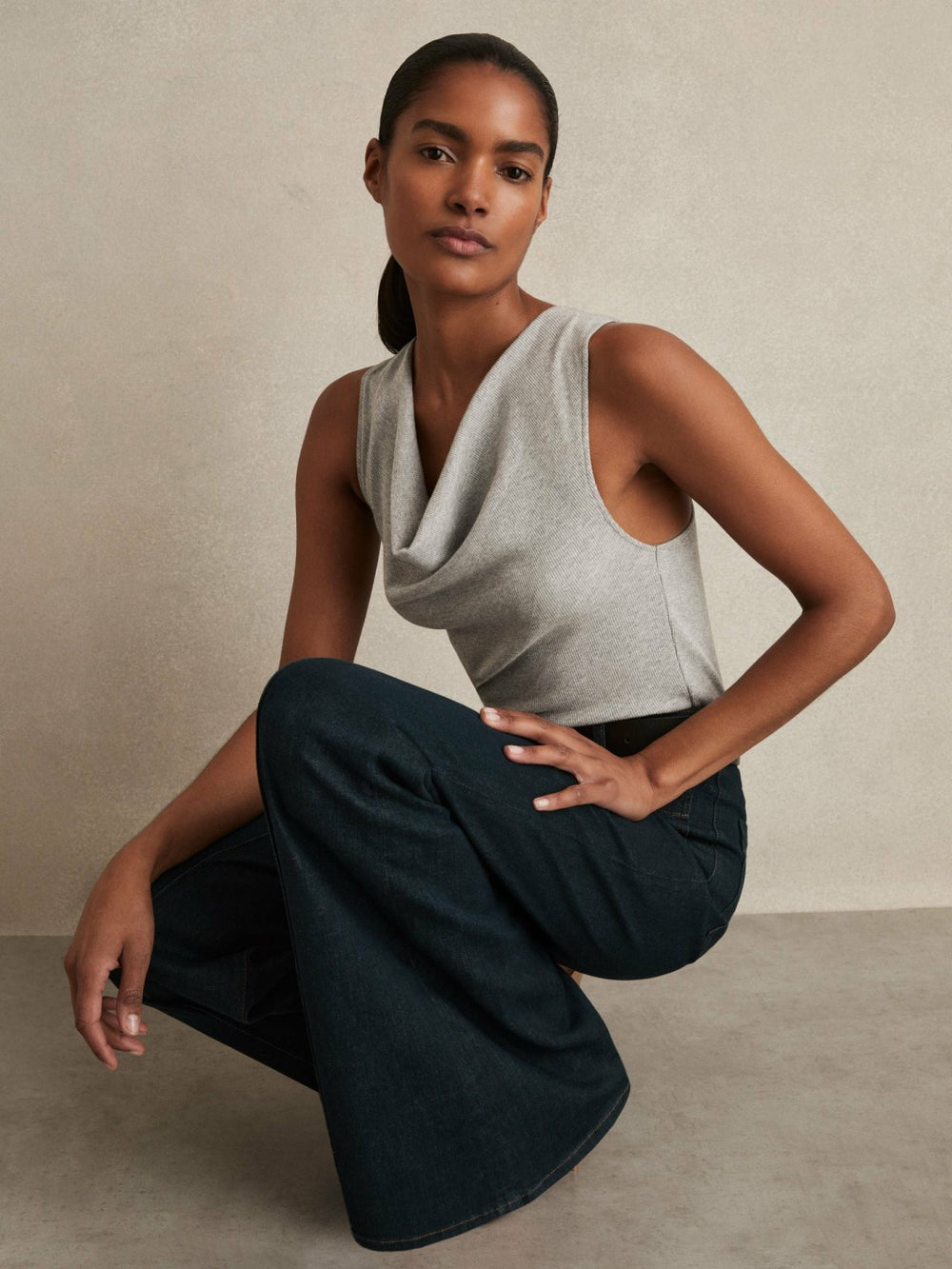 Women Ribbed Cowl-Neck Vest in Grey Marl