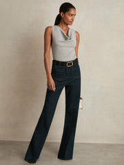 Women Ribbed Cowl-Neck Vest in Grey Marl