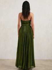 Women Halston Metallic Pleated Maxi Dress in Dark Olive Green