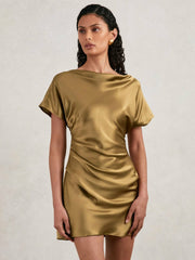 Women Acler Draped Satin Mini Dress in Gold Moss