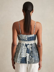 Women Animal Print Lace Trim Cami Top in Blue