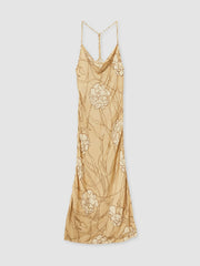 Women Satin Floral-Print Slip Maxi Dress in Gold