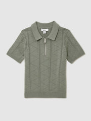Children & Baby 13-14 yrs Half-Zip Pointelle Polo Shirt in Sage
