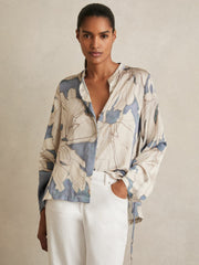 Women Floral Print Gathered Cut Out Shirt in Blue