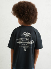 Children & Baby 13-14 yrs Cotton Motor Cars-Print T-Shirt in Washed Blue/White