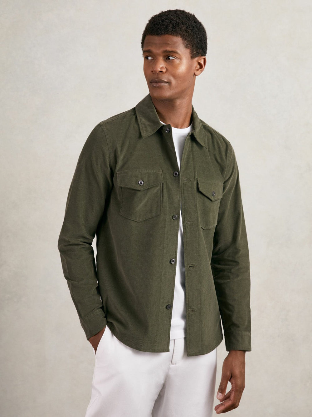 Men Cotton Corduroy Twin-Pocket Overshirt in Khaki Green
