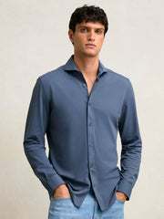 Men Stretch Jersey Cutaway-Collar Shirt in Dark Airforce Blue