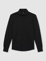 Men Stretch Jersey Cutaway-Collar Shirt in Black