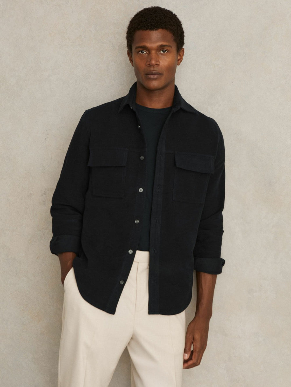 Men Moleskin-Cotton Twin-Pocket Overshirt in Navy