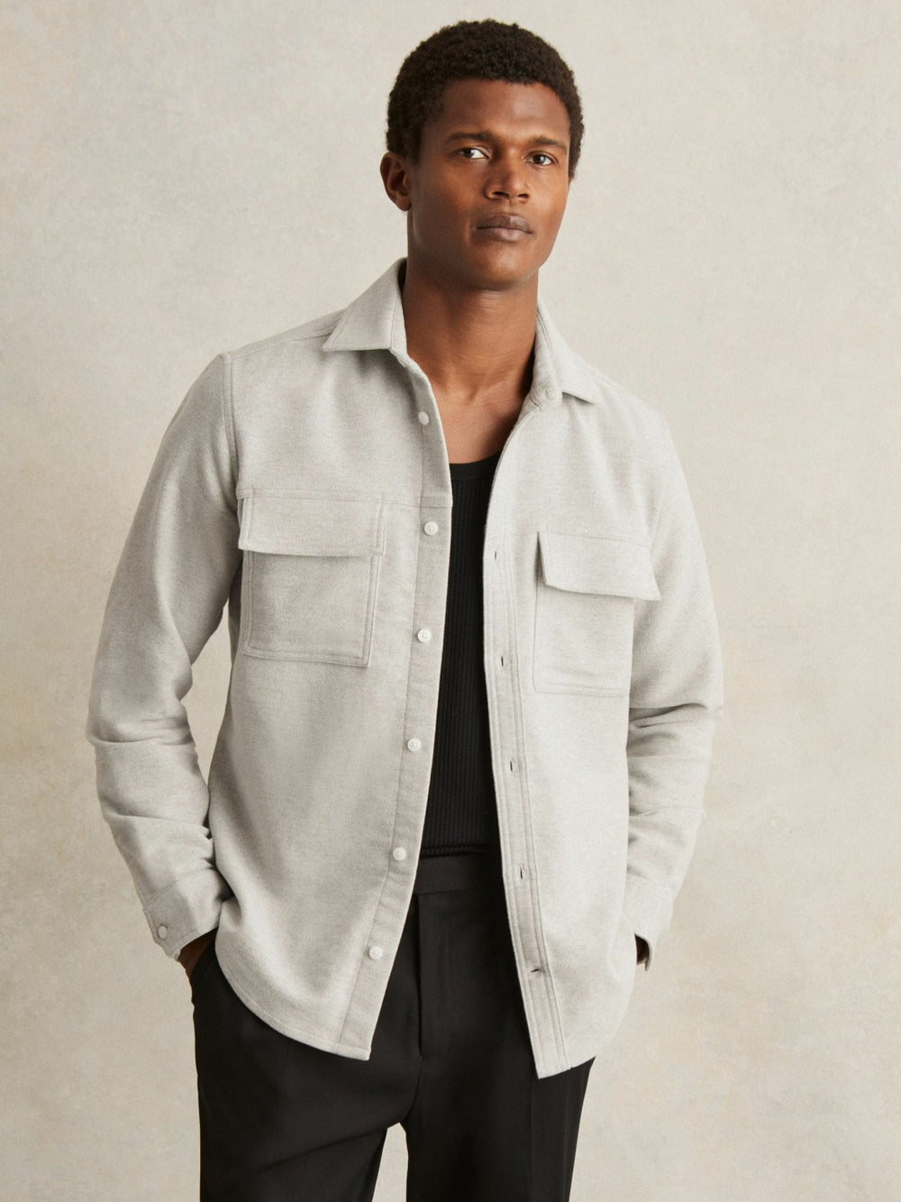 Men Moleskin-Cotton Twin-Pocket Overshirt in Soft Grey Melange