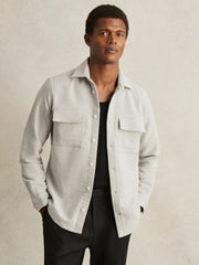 Men Moleskin-Cotton Twin-Pocket Overshirt in Soft Grey Melange