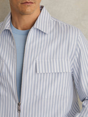 Men Cotton Stripe Zip-Through Shirt in White/Soft Blue